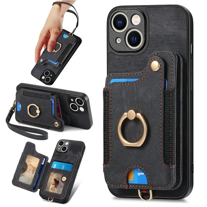 D4 For iPhone 14 Case Card Slots Kickstand RFID Blocking Leather Back Cover