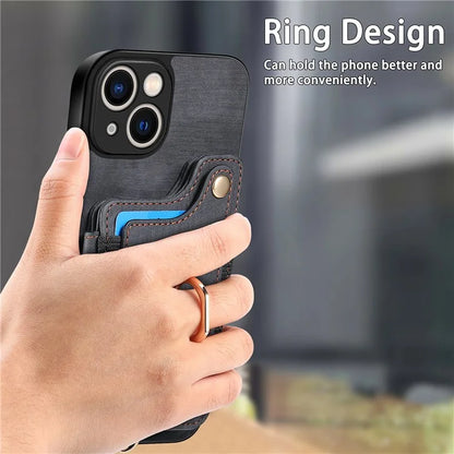 D4 For iPhone 14 Case Card Slots Kickstand RFID Blocking Leather Back Cover