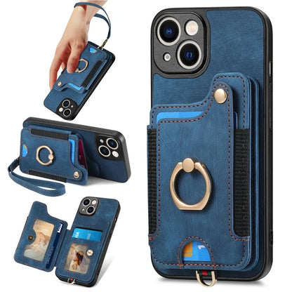D4 For iPhone 14 Case Card Slots Kickstand RFID Blocking Leather Back Cover