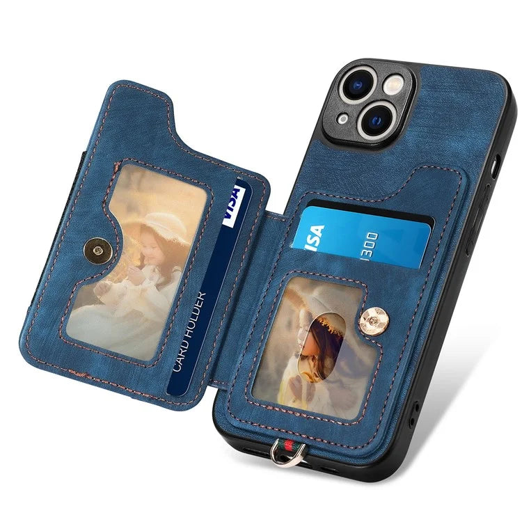 D4 For iPhone 14 Case Card Slots Kickstand RFID Blocking Leather Back Cover