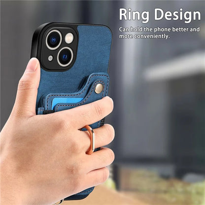 D4 For iPhone 14 Case Card Slots Kickstand RFID Blocking Leather Back Cover