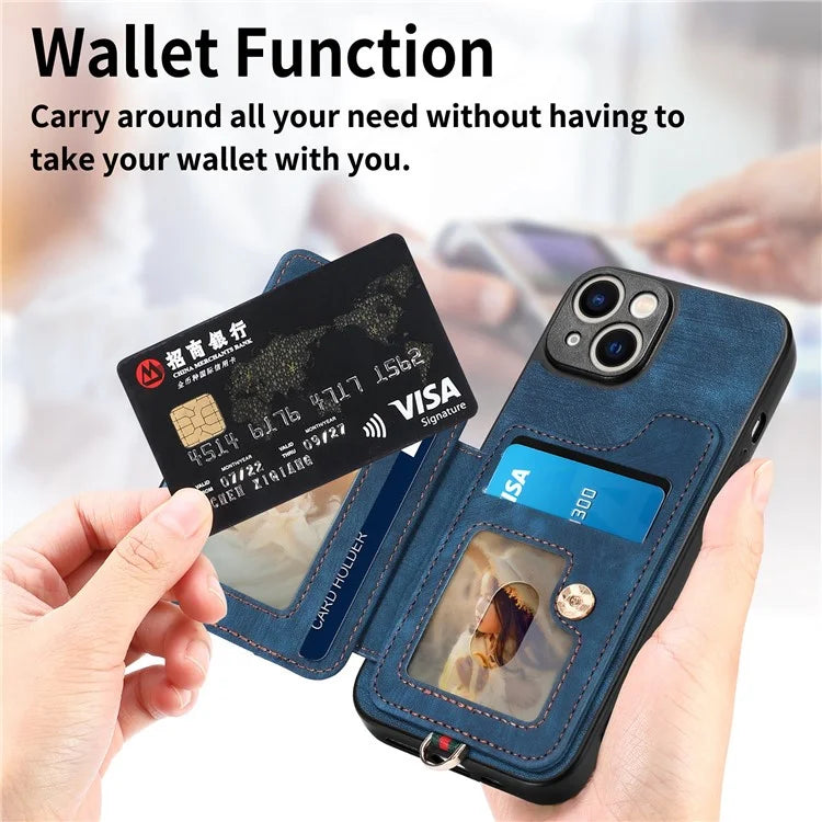 D4 For iPhone 14 Case Card Slots Kickstand RFID Blocking Leather Back Cover
