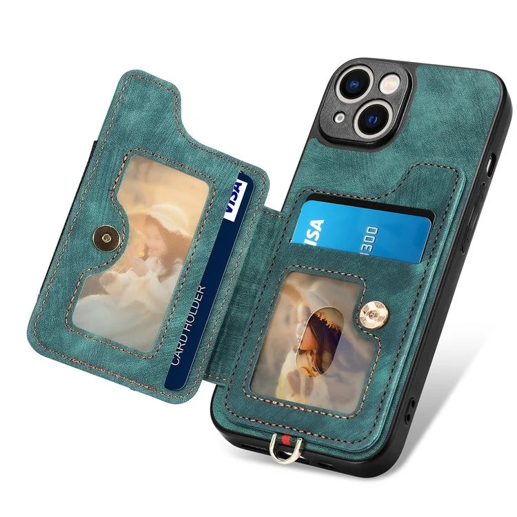 D4 For iPhone 14 Case Card Slots Kickstand RFID Blocking Leather Back Cover