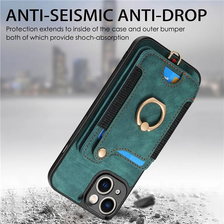 D4 For iPhone 14 Case Card Slots Kickstand RFID Blocking Leather Back Cover