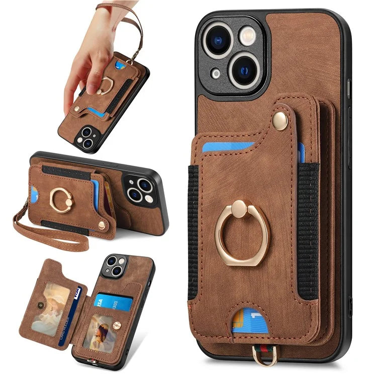 D4 For iPhone 14 Case Card Slots Kickstand RFID Blocking Leather Back Cover