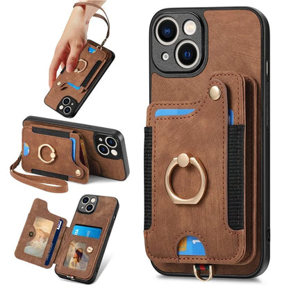 D4 For iPhone 14 Case Card Slots Kickstand RFID Blocking Leather Back Cover
