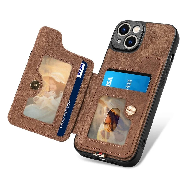 D4 For iPhone 14 Case Card Slots Kickstand RFID Blocking Leather Back Cover