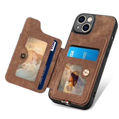 D4 For iPhone 14 Case Card Slots Kickstand RFID Blocking Leather Back Cover