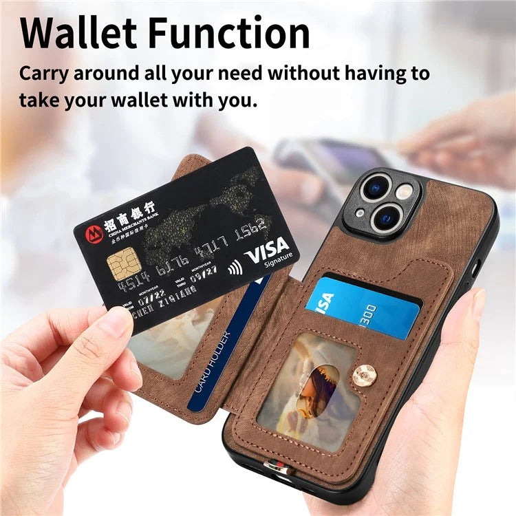 D4 For iPhone 14 Case Card Slots Kickstand RFID Blocking Leather Back Cover