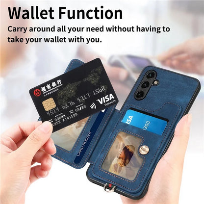 D4 For Samsung Galaxy M15 5G Case RFID Blocking Anti-Drop Kickstand Shell Leather Back Cover