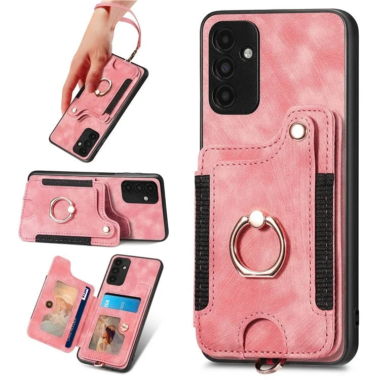 D4 For Samsung Galaxy A15 4G / 5G Phone Case Kickstand Card Holder RFID Blocking Leather+TPU Cover
