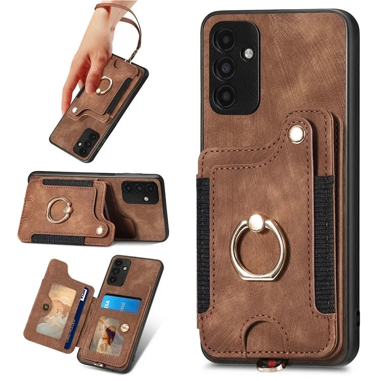 D4 For Samsung Galaxy A15 4G / 5G Phone Case Kickstand Card Holder RFID Blocking Leather+TPU Cover