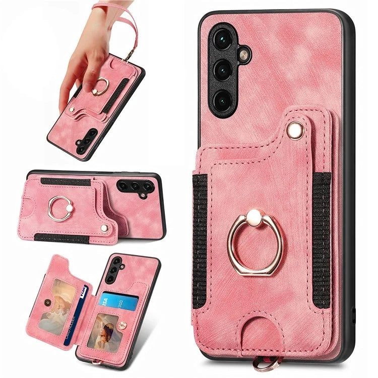 D4 For Samsung Galaxy A24 4G (162.1 x 77.6 x 8.3mm) Case Card Slots RFID Blocking Leather Cover with Wrist Strap