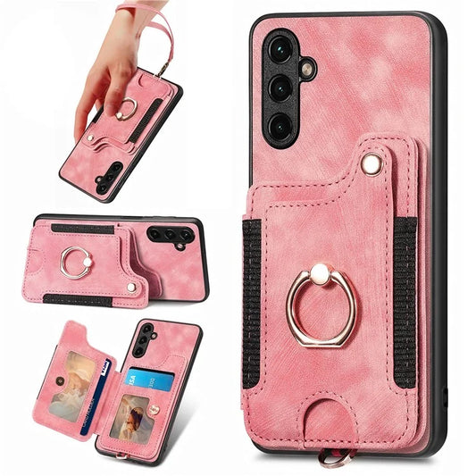 D4 For Samsung Galaxy A24 4G (162.1 x 77.6 x 8.3mm) Case Card Slots RFID Blocking Leather Cover with Wrist Strap