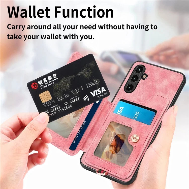 D4 For Samsung Galaxy A24 4G (162.1 x 77.6 x 8.3mm) Case Card Slots RFID Blocking Leather Cover with Wrist Strap