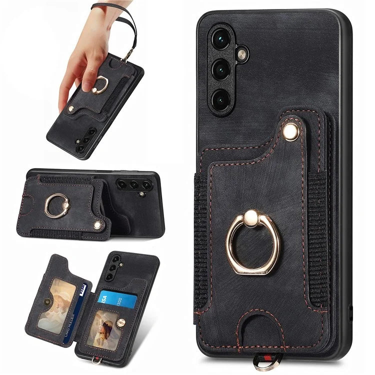 D4 For Samsung Galaxy A24 4G (162.1 x 77.6 x 8.3mm) Case Card Slots RFID Blocking Leather Cover with Wrist Strap