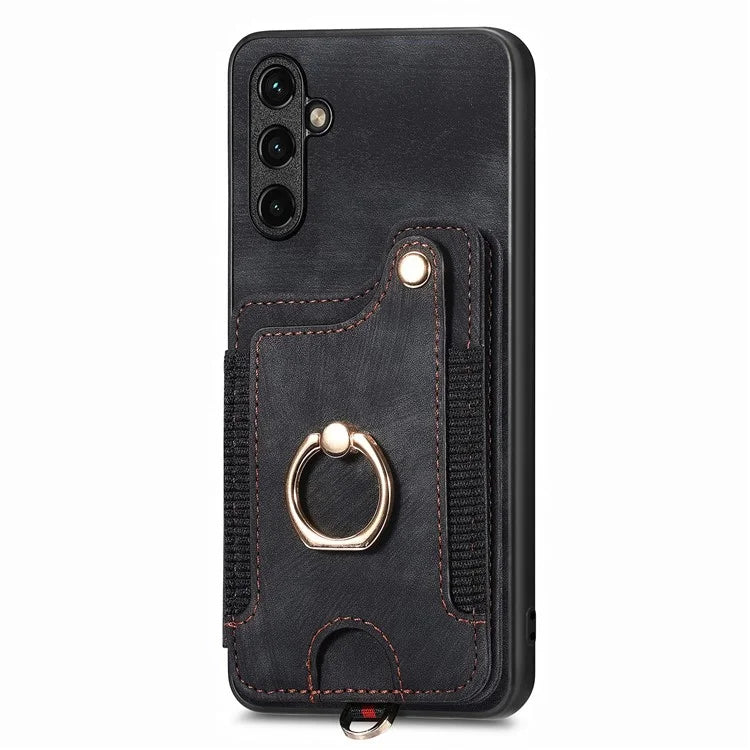 D4 For Samsung Galaxy A24 4G (162.1 x 77.6 x 8.3mm) Case Card Slots RFID Blocking Leather Cover with Wrist Strap