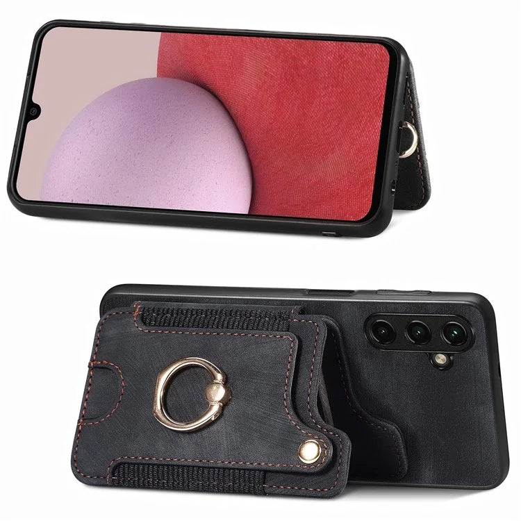 D4 For Samsung Galaxy A24 4G (162.1 x 77.6 x 8.3mm) Case Card Slots RFID Blocking Leather Cover with Wrist Strap