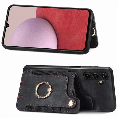 D4 For Samsung Galaxy A24 4G (162.1 x 77.6 x 8.3mm) Case Card Slots RFID Blocking Leather Cover with Wrist Strap