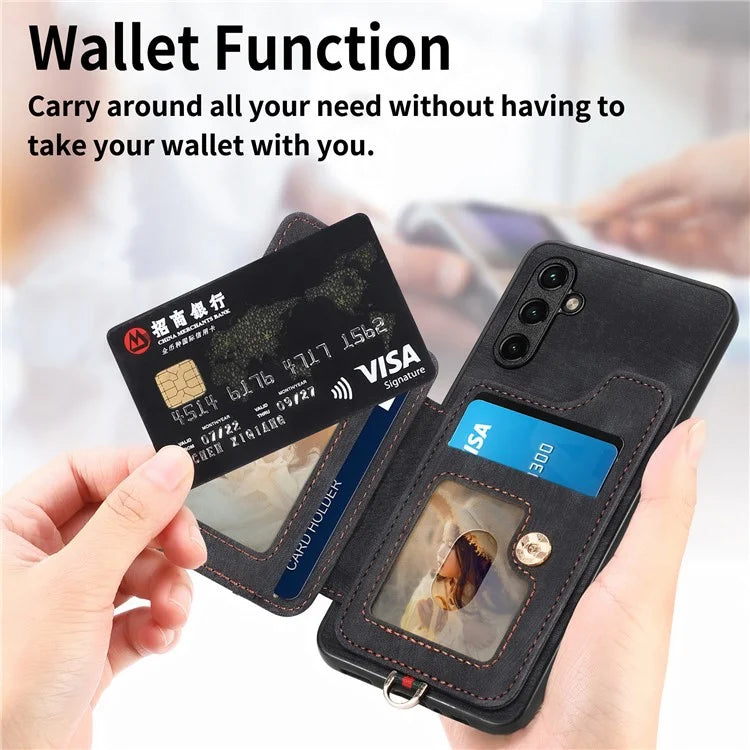 D4 For Samsung Galaxy A24 4G (162.1 x 77.6 x 8.3mm) Case Card Slots RFID Blocking Leather Cover with Wrist Strap