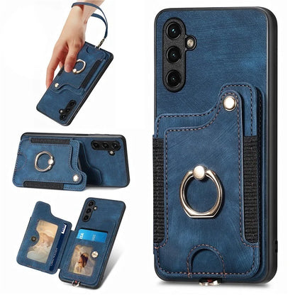 D4 For Samsung Galaxy A24 4G (162.1 x 77.6 x 8.3mm) Case Card Slots RFID Blocking Leather Cover with Wrist Strap