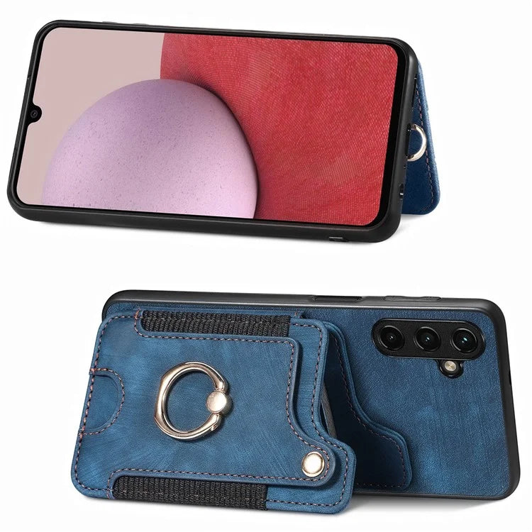 D4 For Samsung Galaxy A24 4G (162.1 x 77.6 x 8.3mm) Case Card Slots RFID Blocking Leather Cover with Wrist Strap