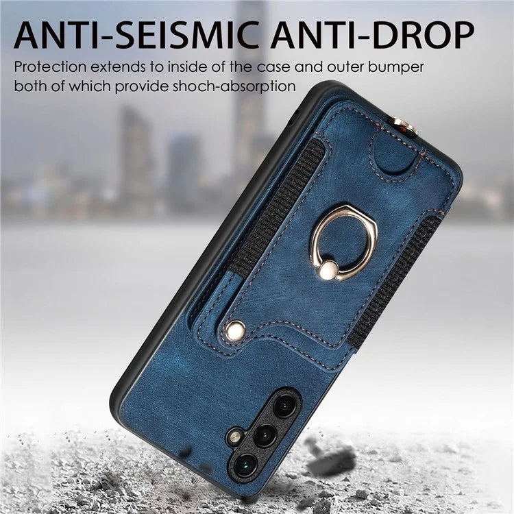 D4 For Samsung Galaxy A24 4G (162.1 x 77.6 x 8.3mm) Case Card Slots RFID Blocking Leather Cover with Wrist Strap
