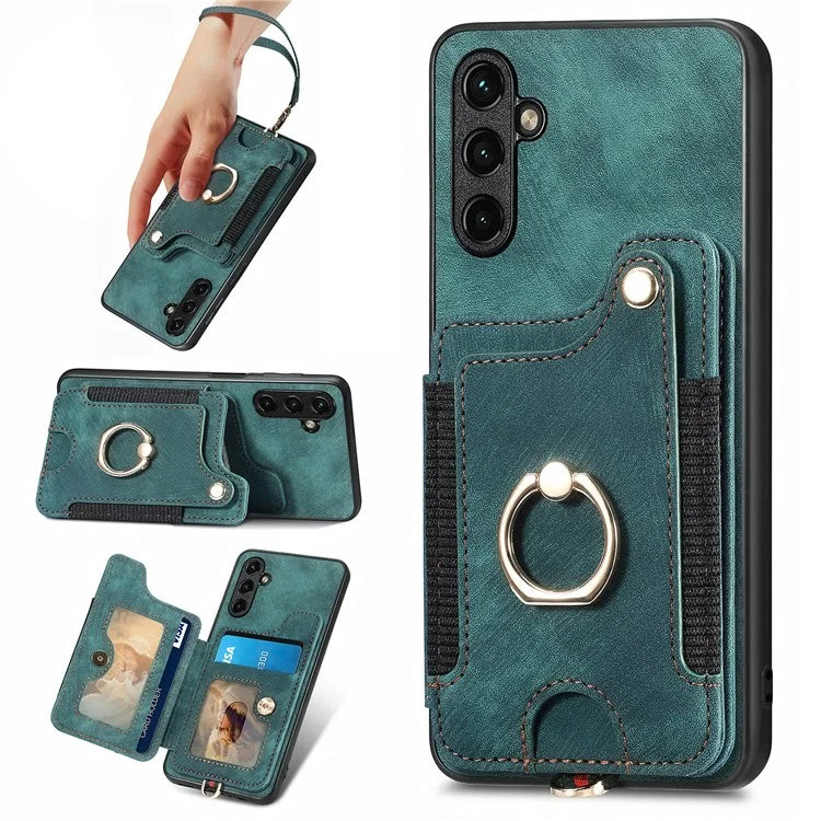 D4 For Samsung Galaxy A24 4G (162.1 x 77.6 x 8.3mm) Case Card Slots RFID Blocking Leather Cover with Wrist Strap