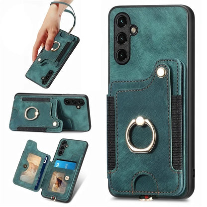 D4 For Samsung Galaxy A24 4G (162.1 x 77.6 x 8.3mm) Case Card Slots RFID Blocking Leather Cover with Wrist Strap