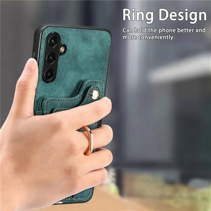 D4 For Samsung Galaxy A24 4G (162.1 x 77.6 x 8.3mm) Case Card Slots RFID Blocking Leather Cover with Wrist Strap