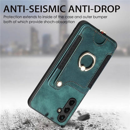D4 For Samsung Galaxy A24 4G (162.1 x 77.6 x 8.3mm) Case Card Slots RFID Blocking Leather Cover with Wrist Strap