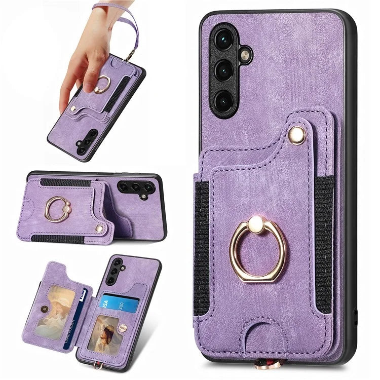 D4 For Samsung Galaxy A24 4G (162.1 x 77.6 x 8.3mm) Case Card Slots RFID Blocking Leather Cover with Wrist Strap