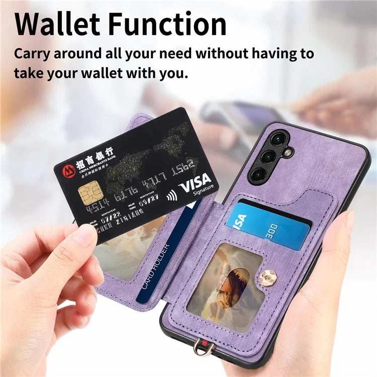 D4 For Samsung Galaxy A24 4G (162.1 x 77.6 x 8.3mm) Case Card Slots RFID Blocking Leather Cover with Wrist Strap