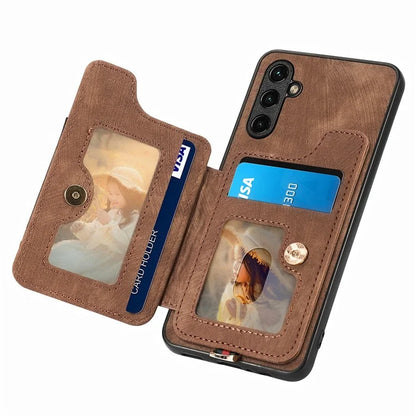 D4 For Samsung Galaxy A24 4G (162.1 x 77.6 x 8.3mm) Case Card Slots RFID Blocking Leather Cover with Wrist Strap