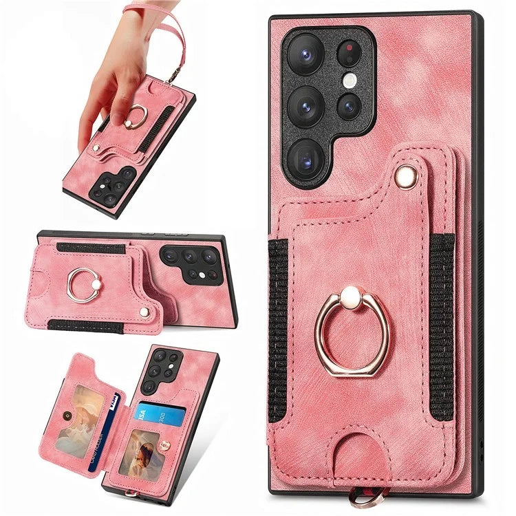D4 For Samsung Galaxy S22 Ultra 5G Case RFID Blocking Card Holder Retro Style Cover