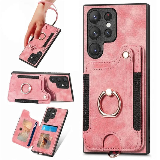 D4 For Samsung Galaxy S22 Ultra 5G Case RFID Blocking Card Holder Retro Style Cover