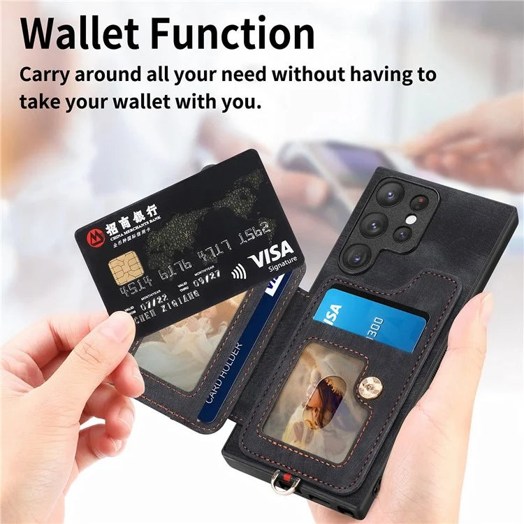 D4 For Samsung Galaxy S22 Ultra 5G Case RFID Blocking Card Holder Retro Style Cover