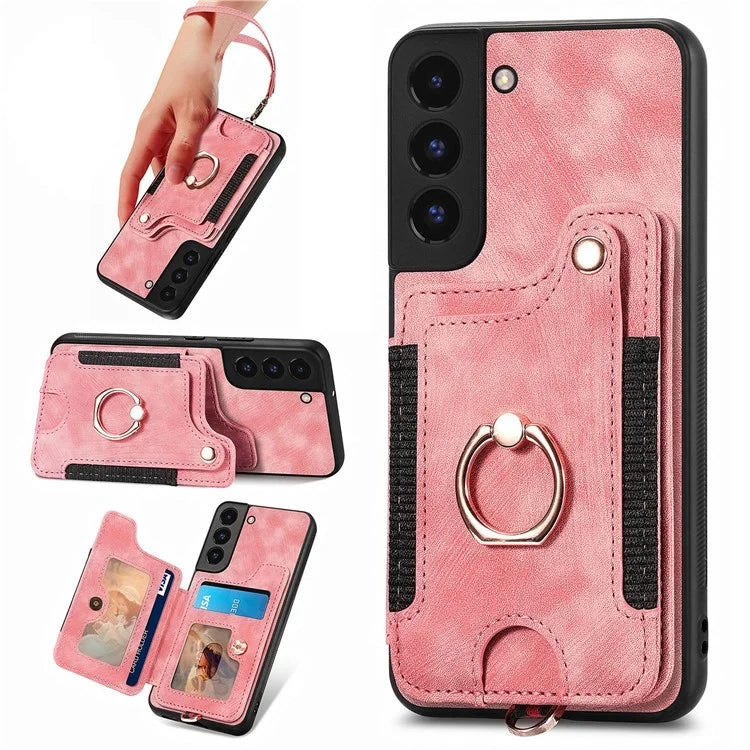D4 For Samsung Galaxy S22+ 5G Leather Case Card Holder Retro RFID Blocking Phone Cover