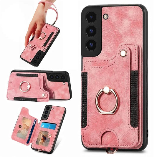 D4 For Samsung Galaxy S22+ 5G Leather Case Card Holder Retro RFID Blocking Phone Cover