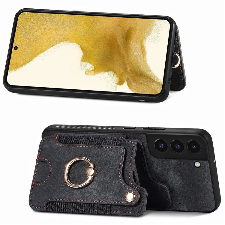 D4 For Samsung Galaxy S22+ 5G Leather Case Card Holder Retro RFID Blocking Phone Cover