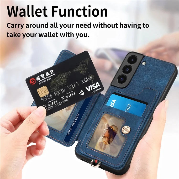 D4 For Samsung Galaxy S22+ 5G Leather Case Card Holder Retro RFID Blocking Phone Cover