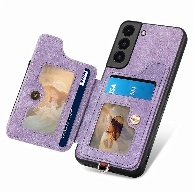 D4 For Samsung Galaxy S22+ 5G Leather Case Card Holder Retro RFID Blocking Phone Cover