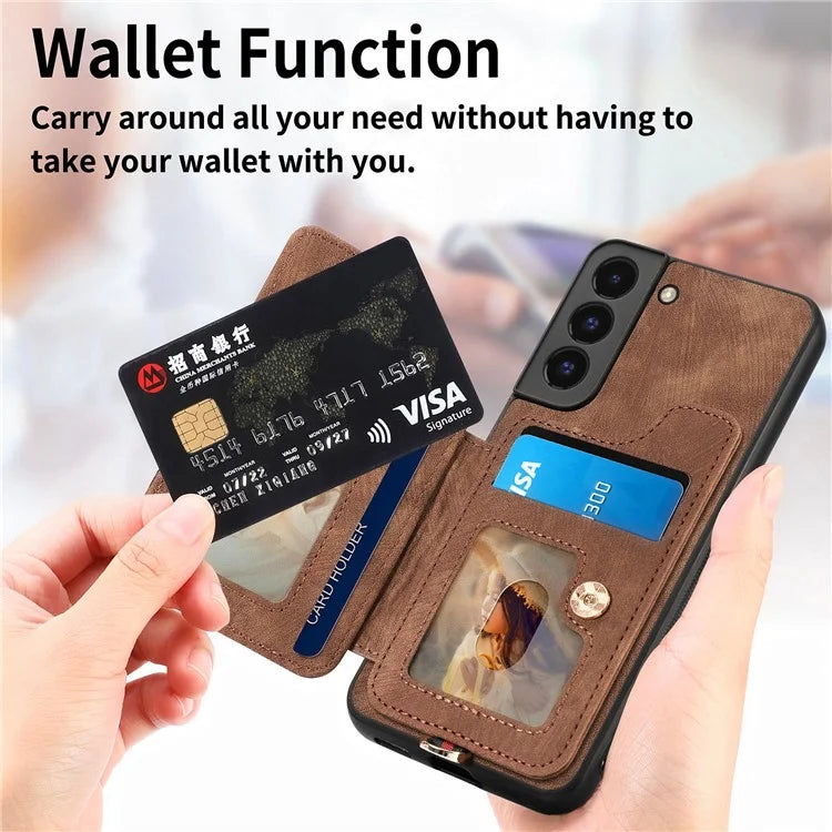 D4 For Samsung Galaxy S22+ 5G Leather Case Card Holder Retro RFID Blocking Phone Cover