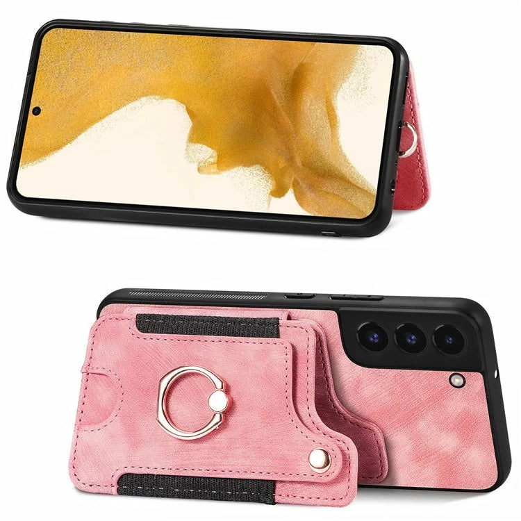D4 For Samsung Galaxy S22 5G Case Kickstand RFID Blocking Phone Cover with Wrist Strap