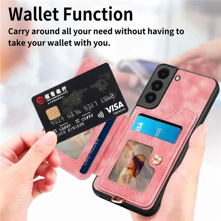 D4 For Samsung Galaxy S22 5G Case Kickstand RFID Blocking Phone Cover with Wrist Strap
