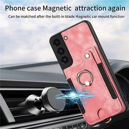 D4 For Samsung Galaxy S22 5G Case Kickstand RFID Blocking Phone Cover with Wrist Strap