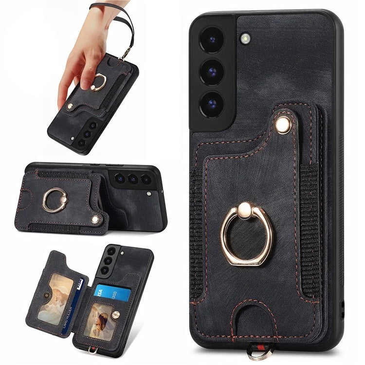 D4 For Samsung Galaxy S22 5G Case Kickstand RFID Blocking Phone Cover with Wrist Strap