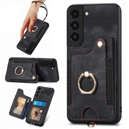 D4 For Samsung Galaxy S22 5G Case Kickstand RFID Blocking Phone Cover with Wrist Strap