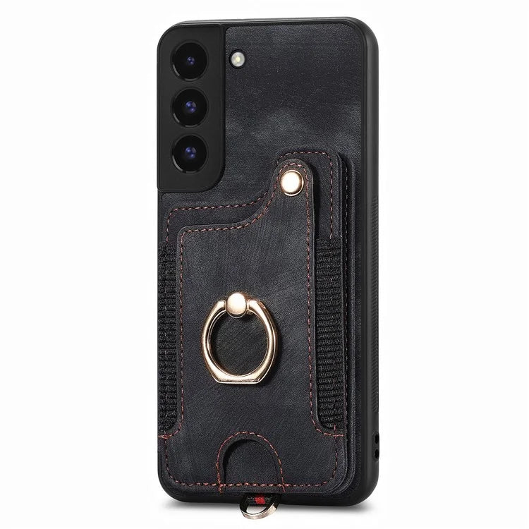 D4 For Samsung Galaxy S22 5G Case Kickstand RFID Blocking Phone Cover with Wrist Strap