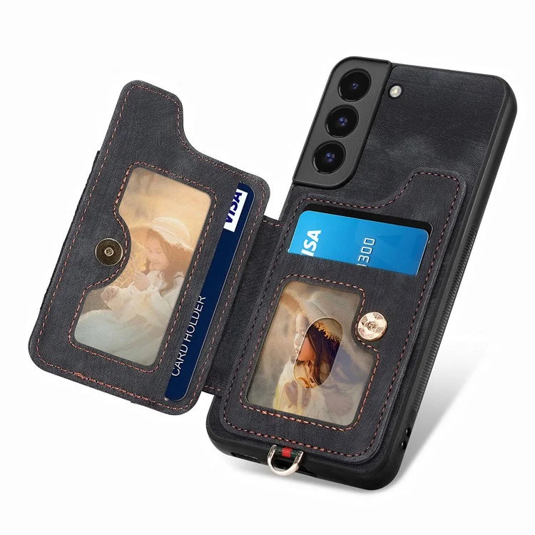 D4 For Samsung Galaxy S22 5G Case Kickstand RFID Blocking Phone Cover with Wrist Strap